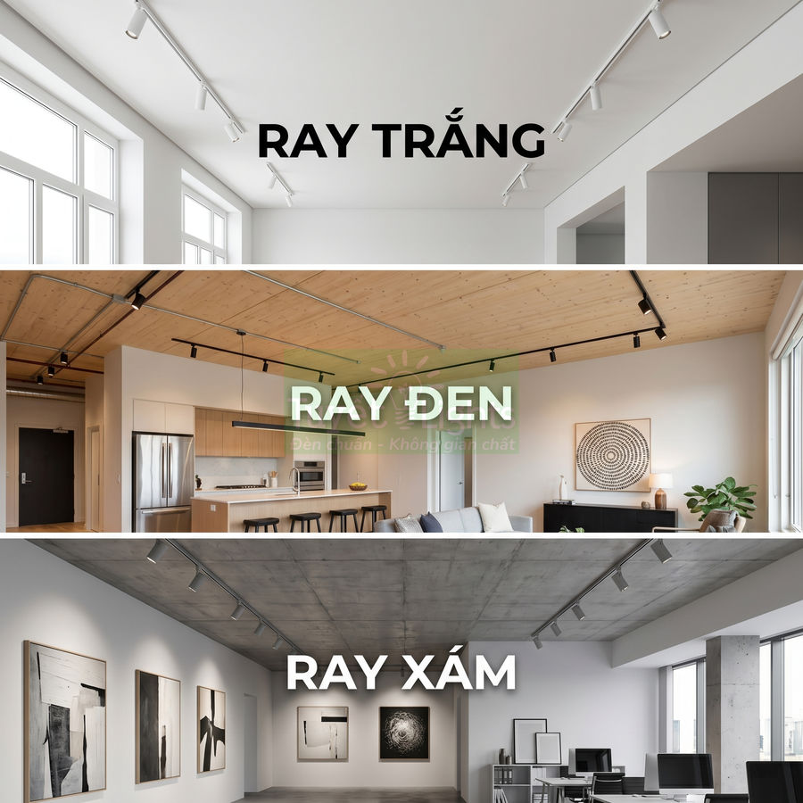 Đèn ray chiếu sáng trần nhà màu trắng, đen, xám lắp trong phòng khách, bếp và văn phòng hiện đại