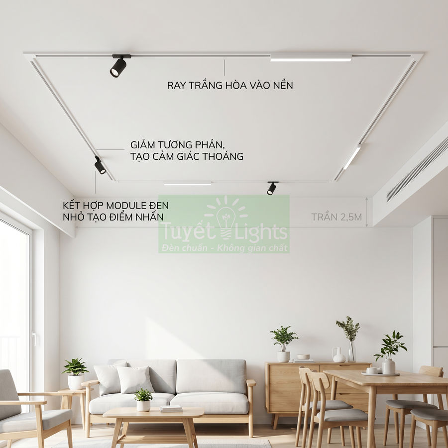 Đèn ray nổi Tuyết Lights màu trắng với module đèn nhỏ chiếu sáng phòng khách tối giản trần 2,5m