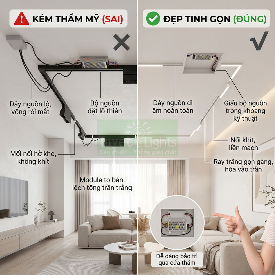 So sánh lắp đặt đèn ray nổi dây điện lộ thiên và đèn ray âm trần giấu nguồn gọn gàng trong phòng khách