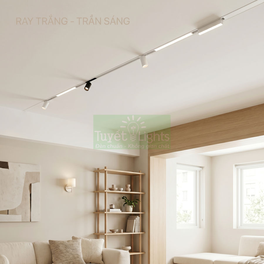 Đèn ray trần trắng Tuyết Lights chiếu sáng phòng khách hiện đại tông màu be sáng
