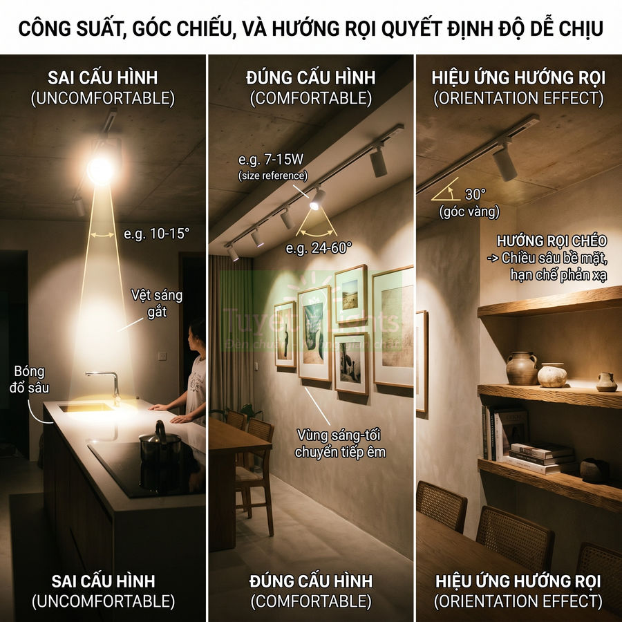Đèn rọi ray trần chiếu sáng phòng bếp và phòng khách, minh họa góc chiếu và hướng rọi đúng sai