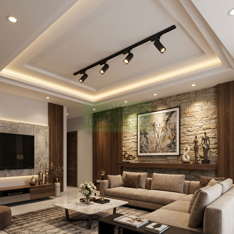 Đèn rọi ray trần chiếu sáng phòng khách hiện đại với sofa nỉ và tường ốp đá trang trí