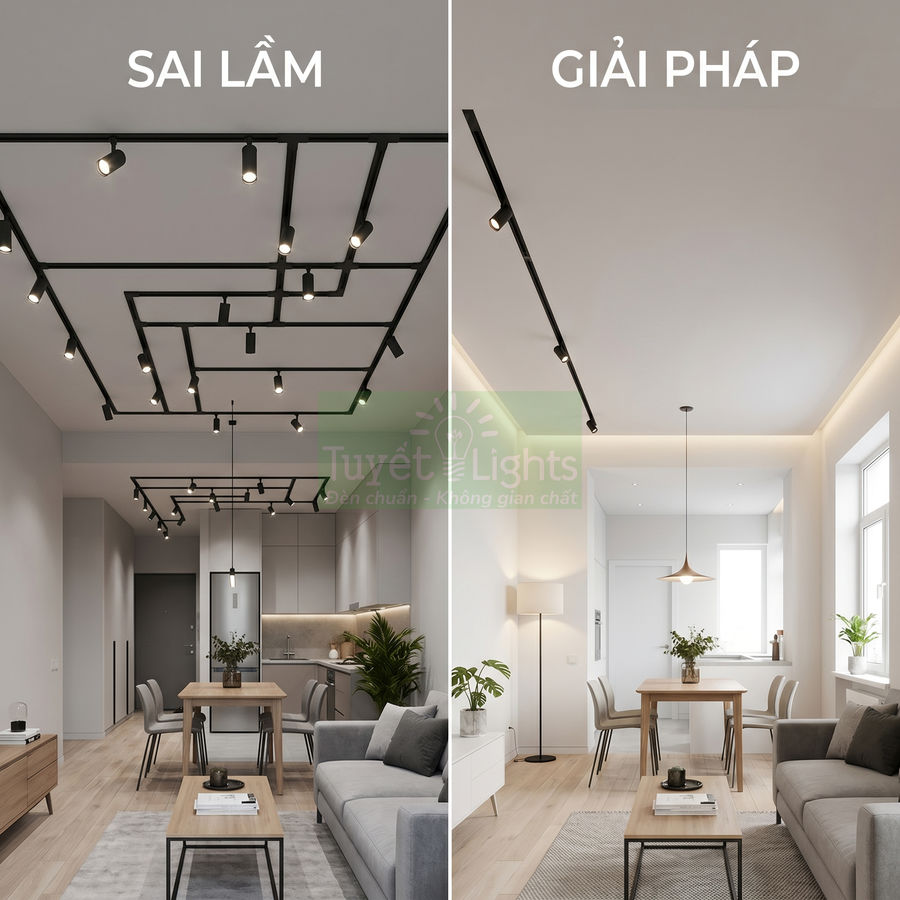 So sánh trần phòng khách dùng đèn ray chiếu điểm rối mắt và giải pháp đèn ray tối giản, ánh sáng hài hòa