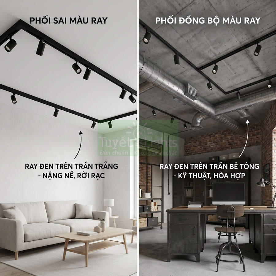 Đèn rọi ray đen lắp trên trần trắng và trần bê tông, so sánh cách phối màu ray trong phòng khách và văn phòng