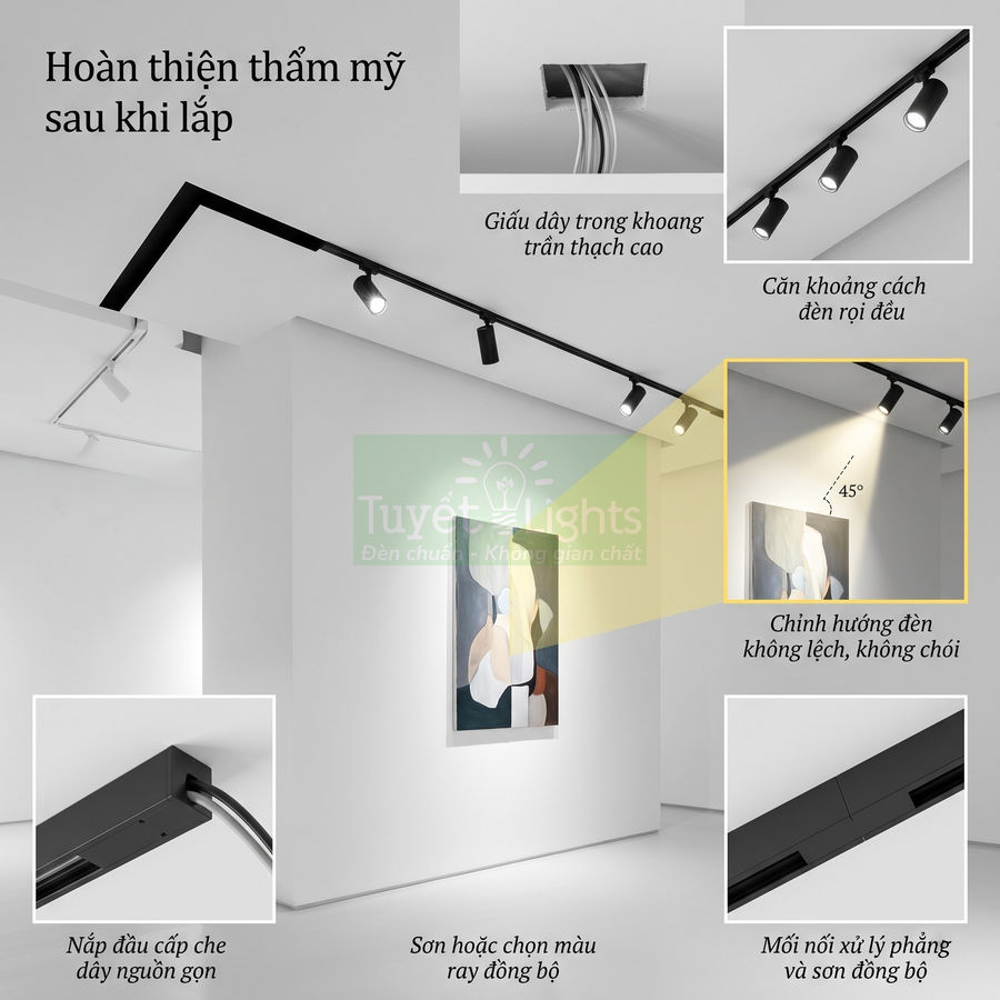 Đèn rọi ray đen Tuyết Lights chiếu tranh treo tường trong phòng trưng bày hiện đại