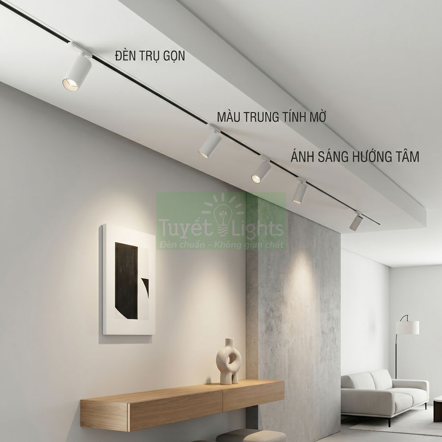 Đèn rọi ray trụ trắng Tuyết Lights chiếu sáng phòng khách hiện đại tông màu trung tính