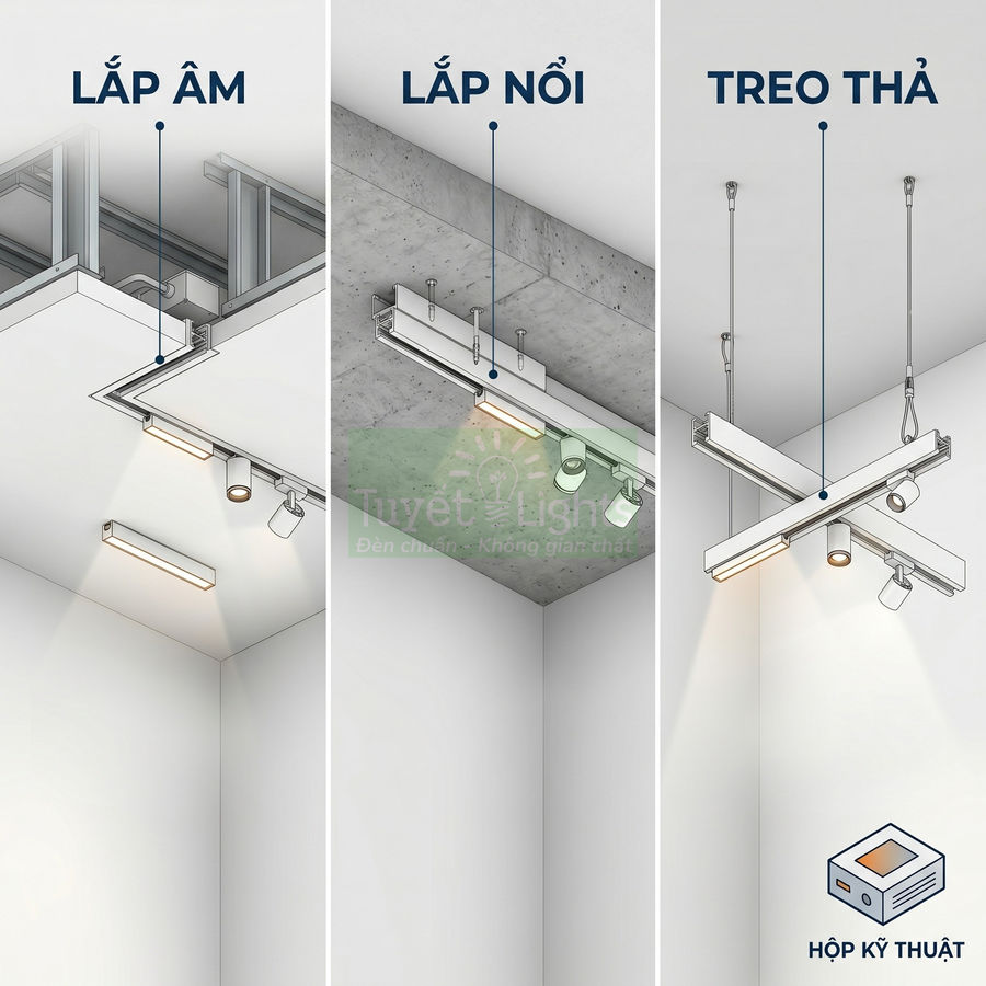 Đèn ray chiếu sáng Tuyết Lights với ba kiểu lắp âm trần, lắp nổi và treo thả trong phòng hiện đại