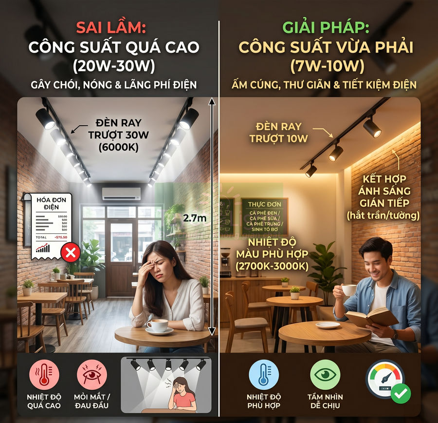 So sánh đèn ray trượt công suất cao và công suất vừa phải trong quán cà phê, minh họa ánh sáng gây khó chịu và ánh sáng dễ chịu