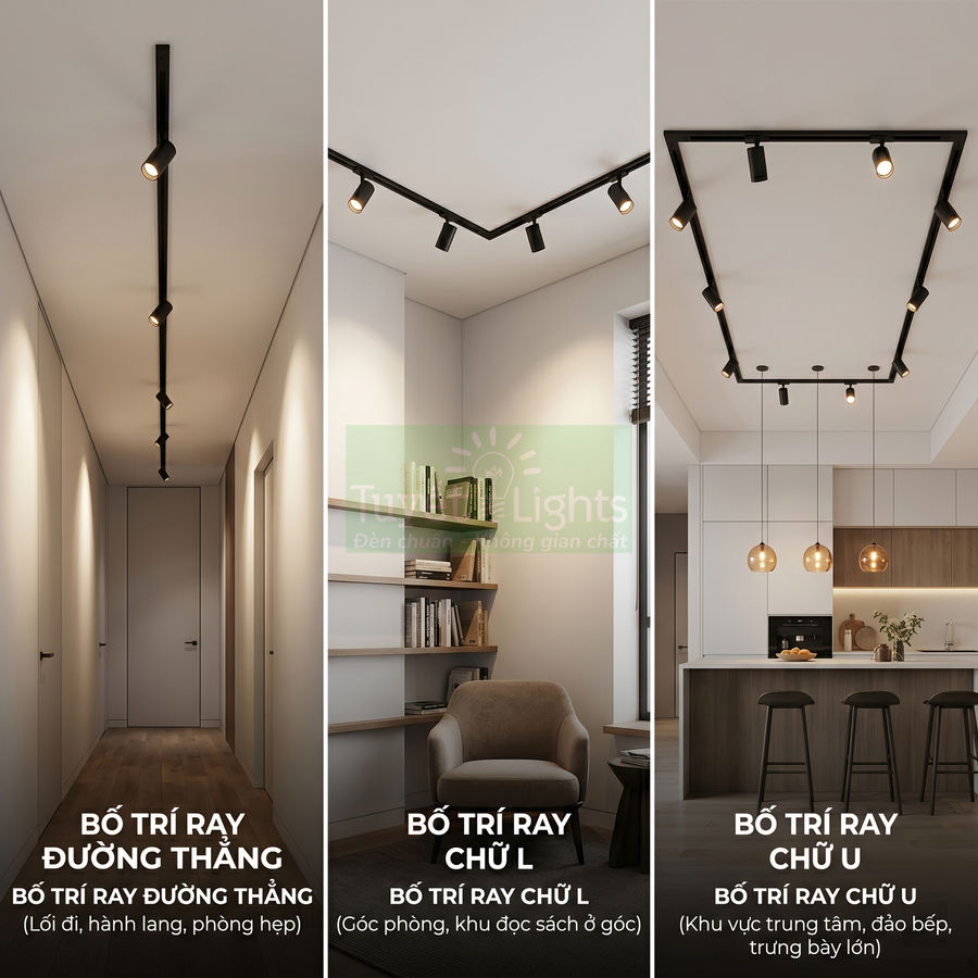 Đèn ray chiếu sáng trần nhà màu đen bố trí dạng thẳng, chữ L và chữ U cho hành lang, góc đọc sách, đảo bếp