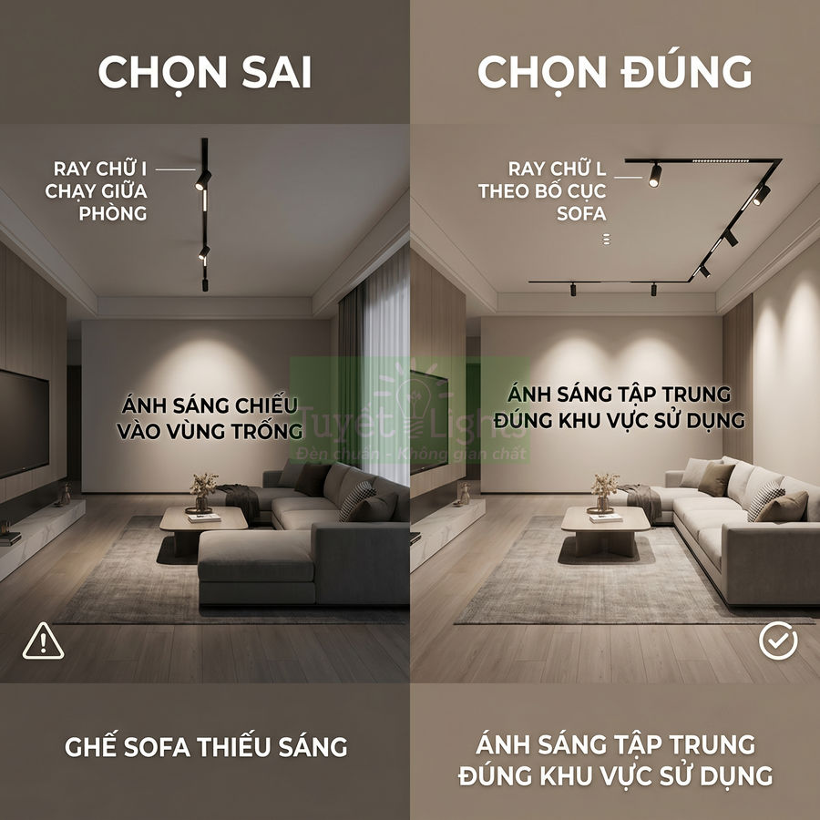 So sánh bố trí đèn ray chiếu sáng phòng khách, minh họa cách lắp đúng để ánh sáng tập trung vào sofa