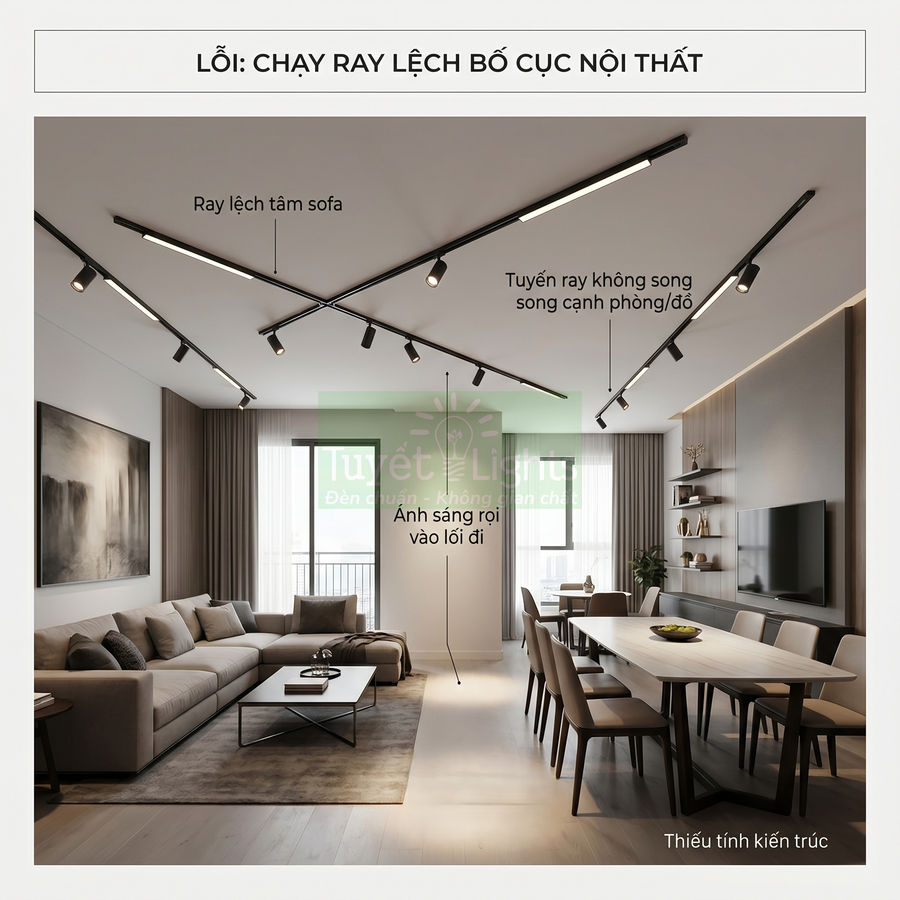 Đèn ray chiếu sáng trần phòng khách hiện đại lắp lệch bố cục nội thất, ánh sáng rọi vào lối đi