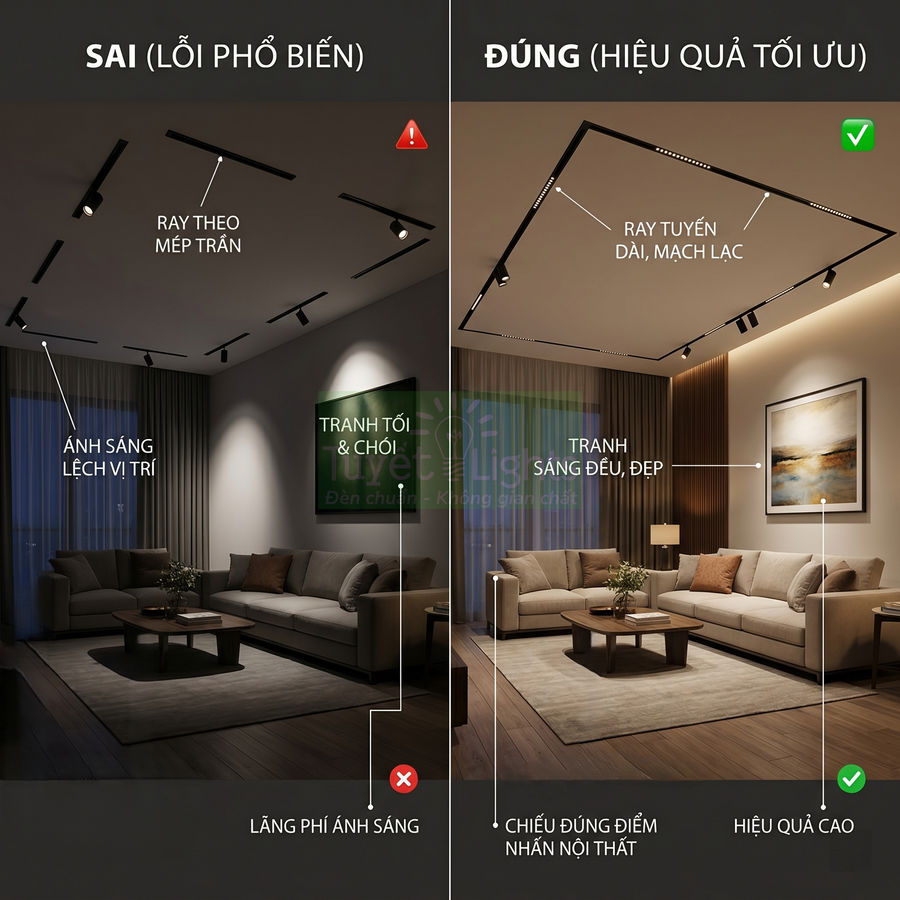 So sánh bố trí đèn ray chiếu sáng sai và đúng trong phòng khách hiện đại, nhấn mạnh hiệu quả chiếu sáng nội thất