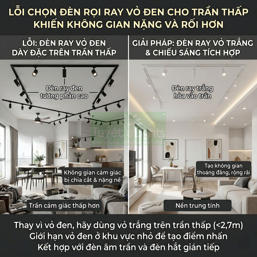 So sánh phòng khách dùng đèn rọi ray vỏ đen và đèn rọi ray vỏ trắng cho trần thấp, tạo cảm giác rộng thoáng