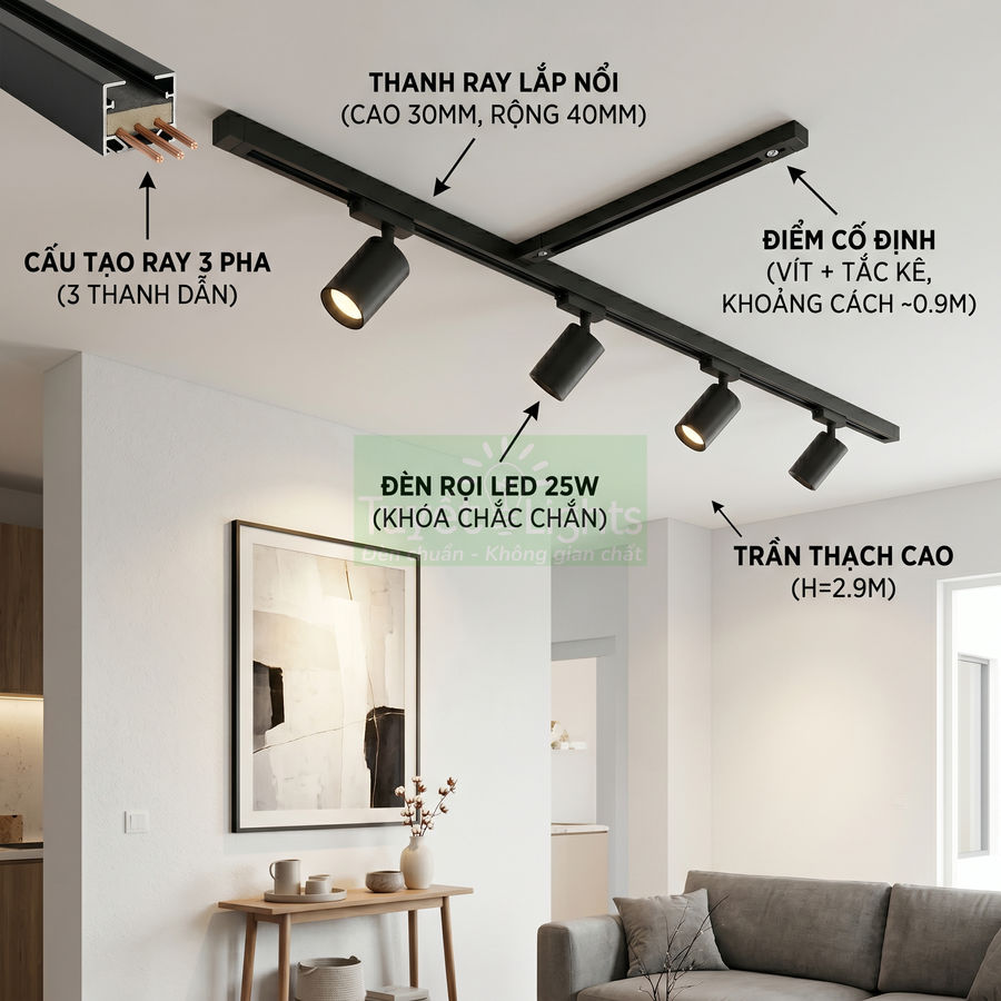 Đèn rọi ray LED 25W màu đen lắp nổi trên trần thạch cao trong phòng khách hiện đại