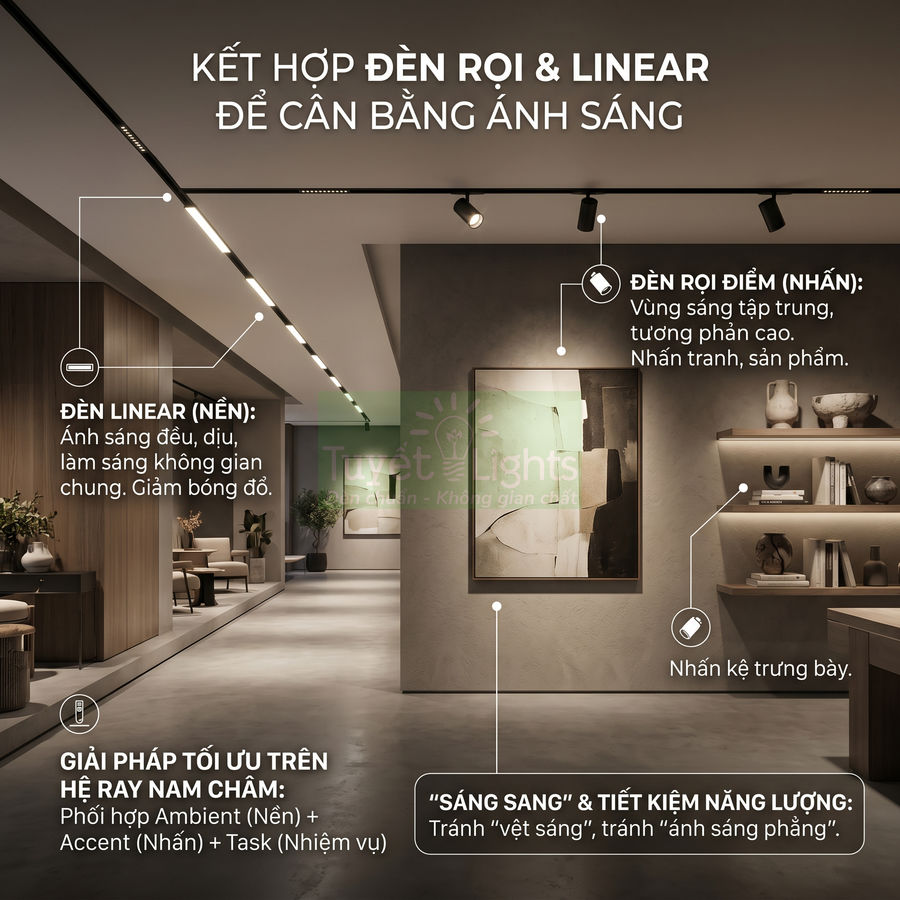 Không gian nội thất hiện đại sử dụng đèn rọi ray và đèn linear âm trần để chiếu sáng tranh và kệ trưng bày