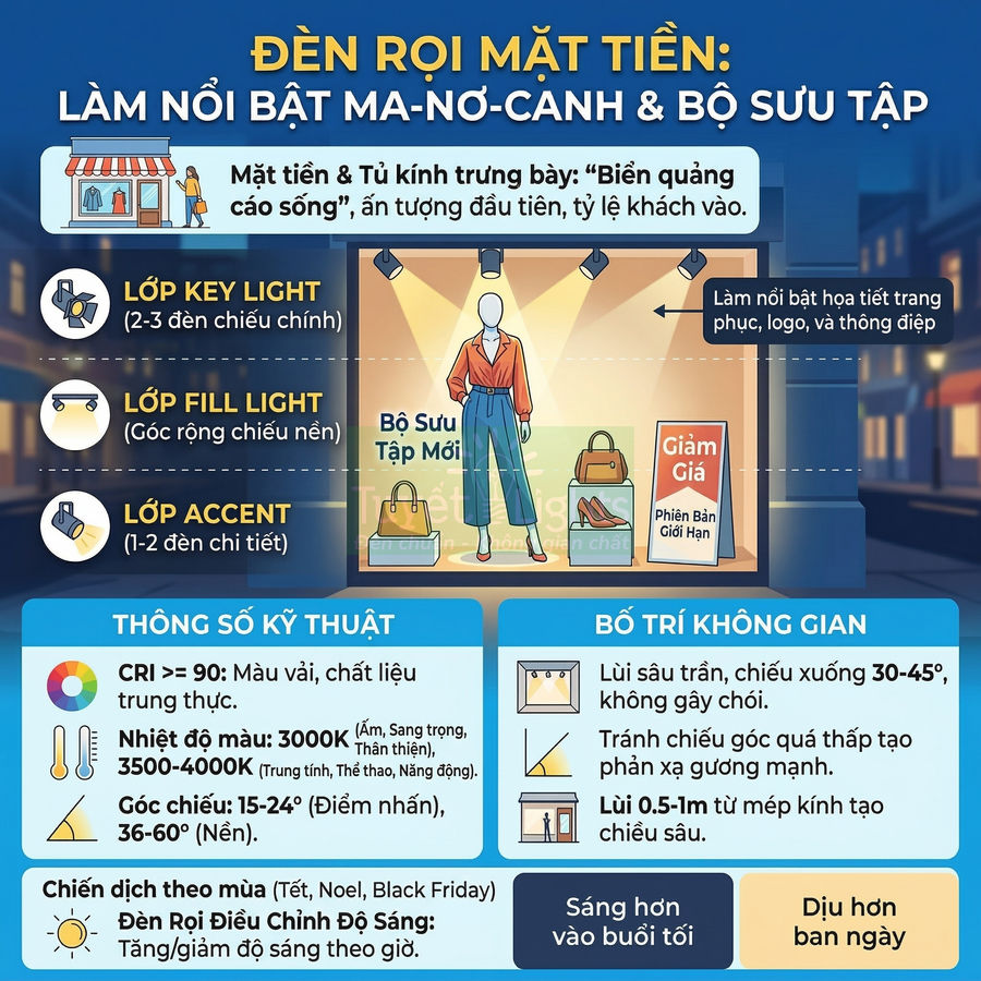 Đèn rọi mặt tiền chiếu sáng ma nơ canh và bộ sưu tập thời trang trong tủ kính trưng bày cửa hàng