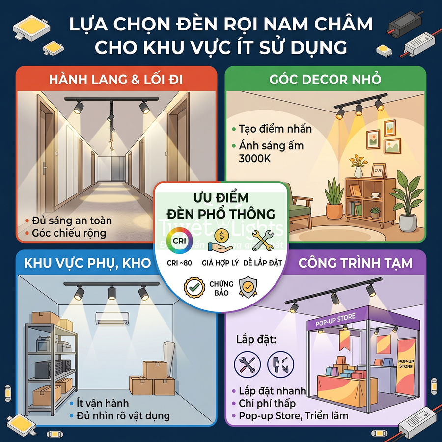 Đèn rọi nam châm chiếu sáng hành lang, góc decor, kho và gian hàng pop up trong nhà