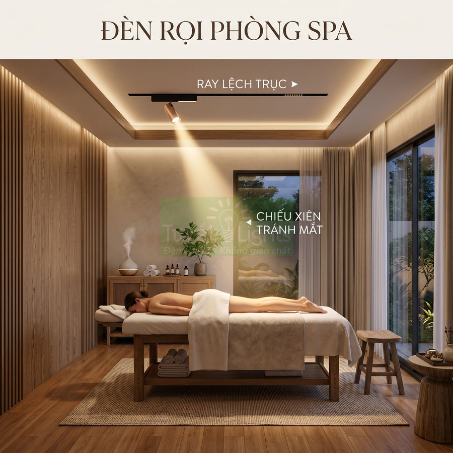 Đèn rọi ray lệch trục chiếu xiên cho phòng spa với giường massage gỗ và không gian thư giãn