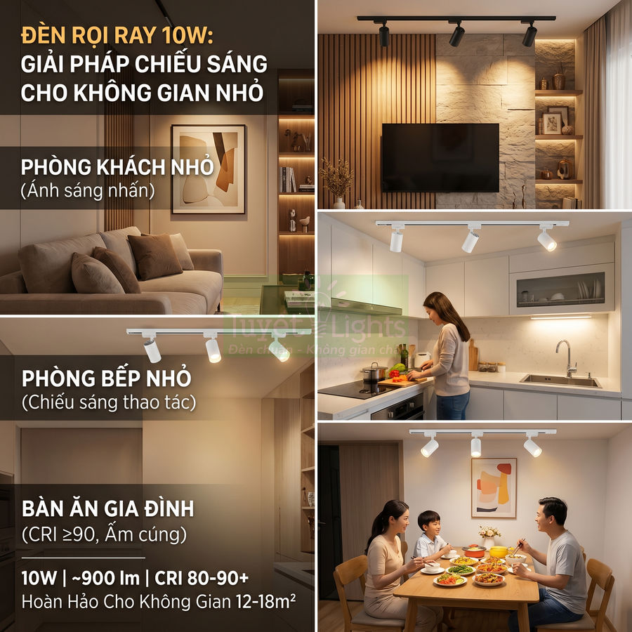 Đèn rọi ray 10W chiếu sáng phòng khách, phòng bếp và bàn ăn gia đình trong không gian nhỏ hiện đại
