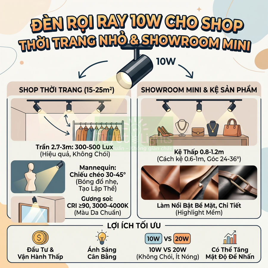 Đèn rọi ray 10W chiếu sáng shop thời trang nhỏ và showroom mini, làm nổi bật quần áo, túi xách, giày dép và phụ kiện