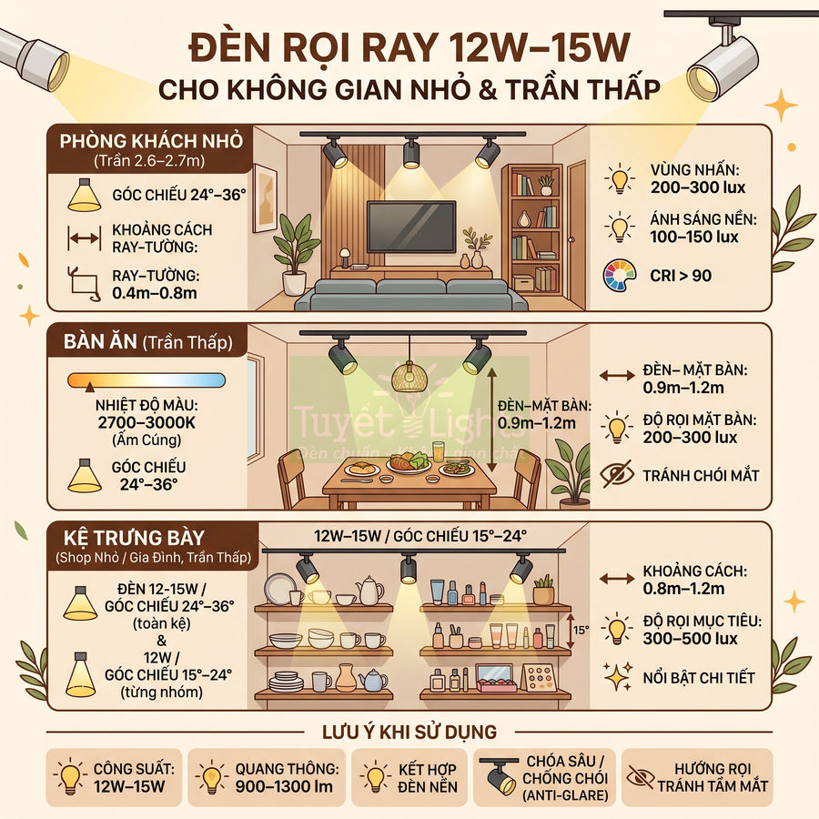 Infographic hướng dẫn chọn đèn rọi ray 12W 15W cho phòng khách nhỏ bàn ăn và kệ trưng bày