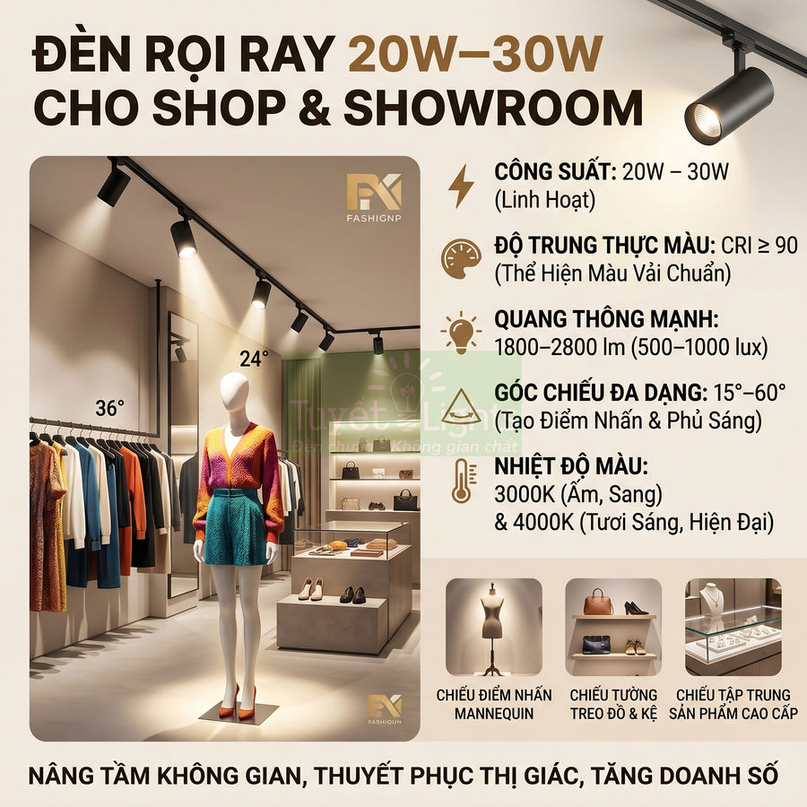 Đèn rọi ray 20W 30W chiếu sáng shop thời trang với mannequin và kệ trưng bày quần áo, túi xách, phụ kiện