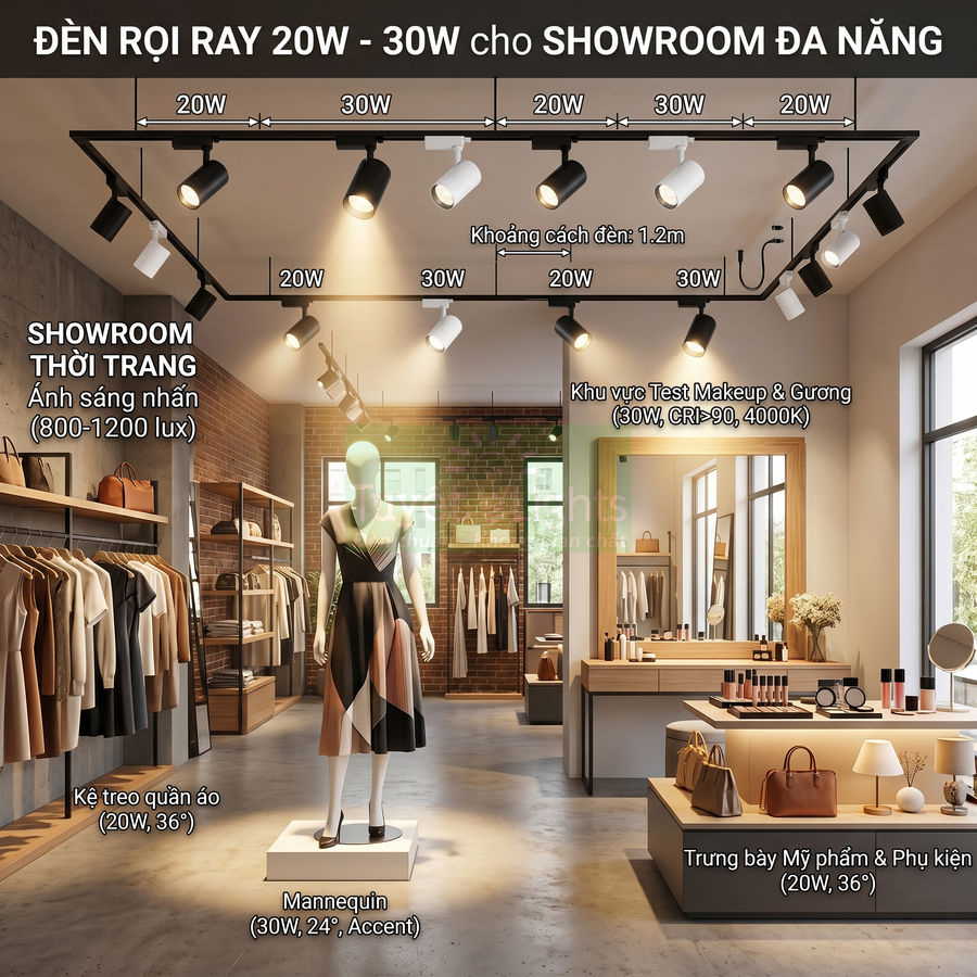 Đèn rọi ray 20W 30W chiếu sáng showroom thời trang với mannequin, kệ quần áo và khu trưng bày mỹ phẩm