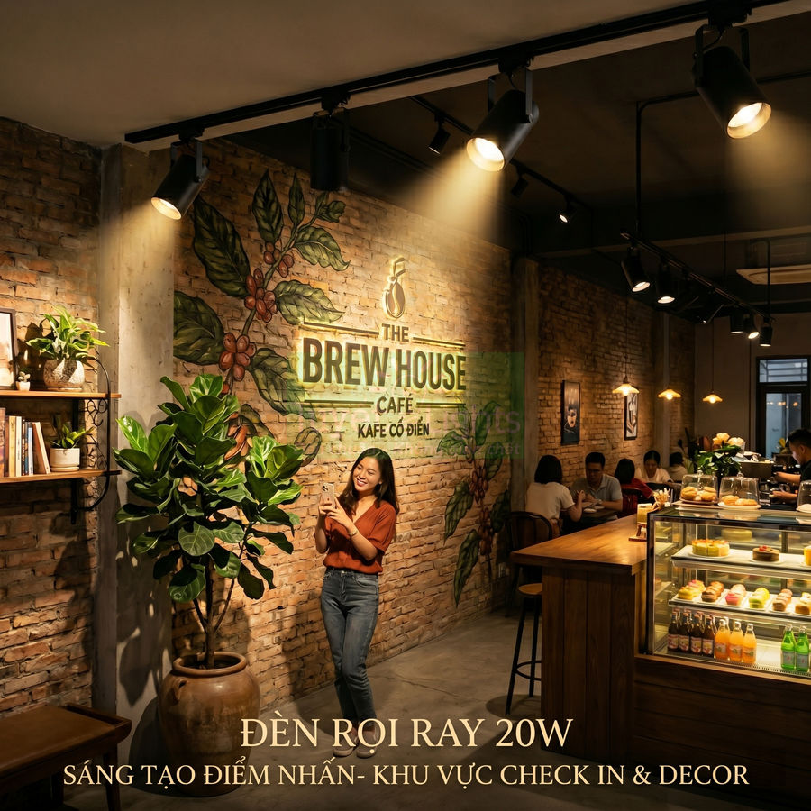Đèn rọi ray 20W chiếu sáng điểm nhấn trong quán cà phê The Brew House phong cách cổ điển