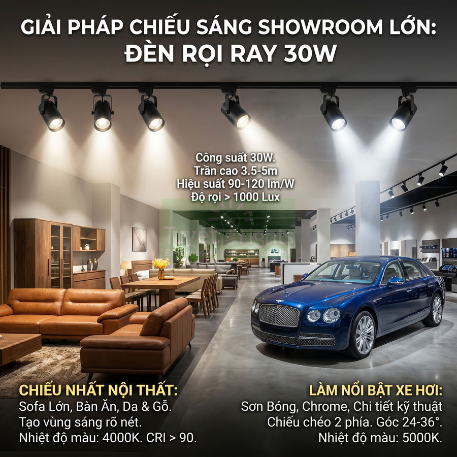 Đèn rọi ray 30W chiếu sáng showroom nội thất và ô tô sang trọng với sofa da, bàn gỗ và xe hơi màu xanh