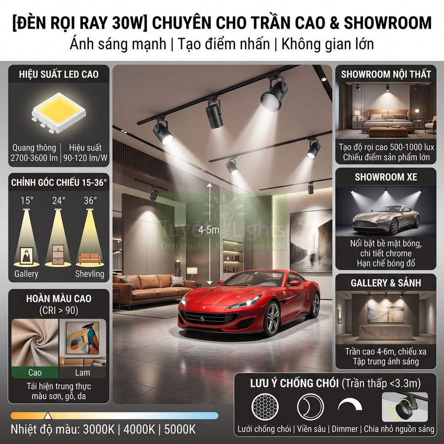 Đèn rọi ray LED 30W chiếu sáng trần cao showroom nội thất và ô tô, ánh sáng mạnh, góc chiếu linh hoạt