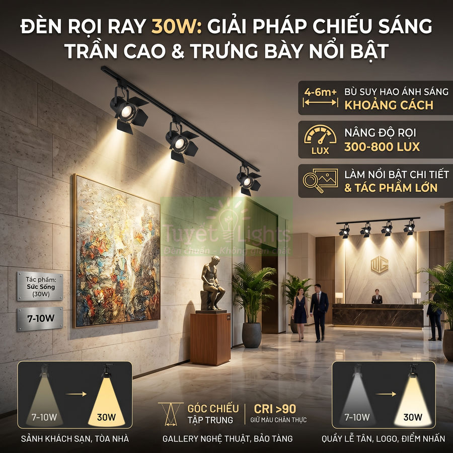Đèn rọi ray 30W Tuyết Lights chiếu sáng trần cao, làm nổi bật tranh nghệ thuật và sảnh khách sạn