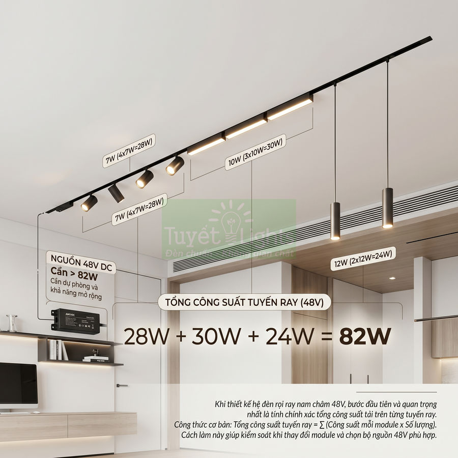 Hệ thống đèn rọi ray nam châm 48V trong phòng khách hiện đại với thông số công suất chi tiết