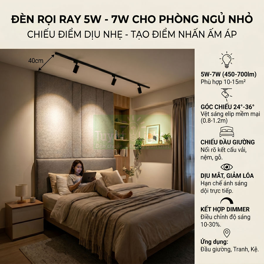 Đèn rọi ray 5W 7W chiếu đầu giường cho phòng ngủ nhỏ ánh sáng vàng dịu tạo điểm nhấn ấm áp