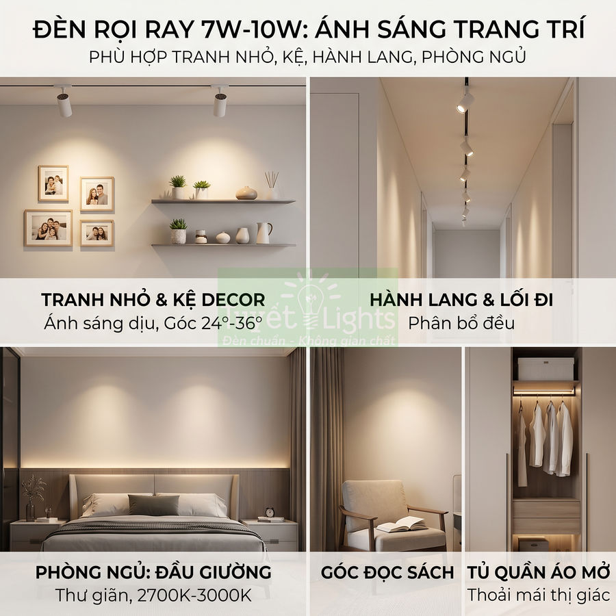 Đèn rọi ray 7W 10W ánh sáng trang trí cho tranh nhỏ, kệ decor, hành lang, phòng ngủ và tủ quần áo
