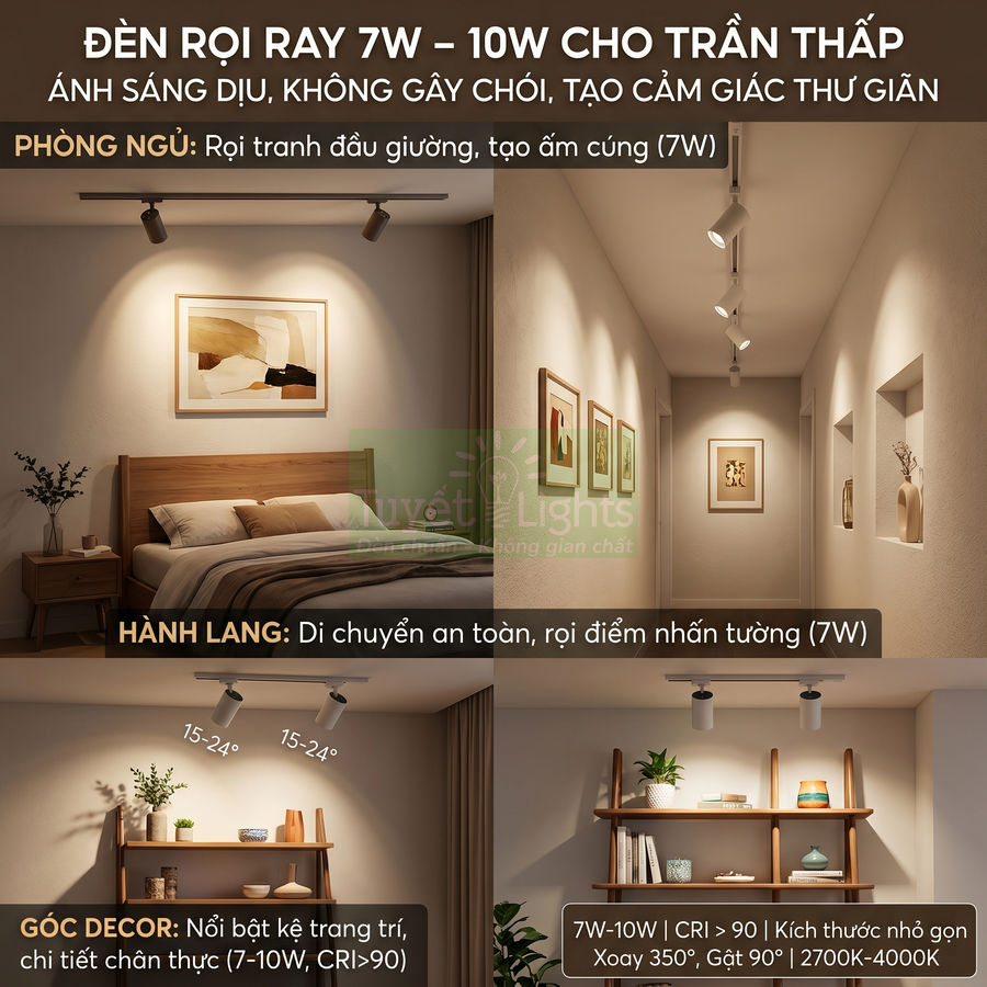 Đèn rọi ray 7W 10W ánh sáng dịu cho trần thấp, chiếu tranh phòng ngủ, hành lang và kệ trang trí nội thất