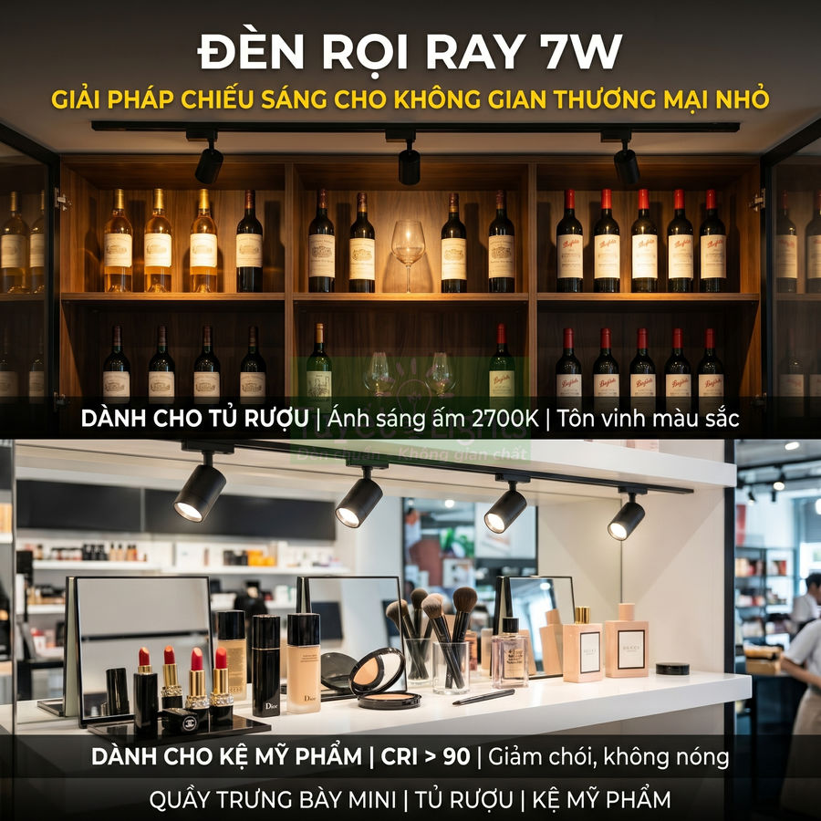 Đèn rọi ray 7W chiếu sáng tủ rượu và kệ mỹ phẩm trong cửa hàng, ánh sáng vàng làm nổi bật sản phẩm