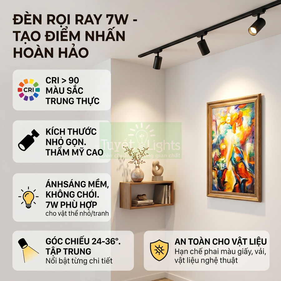 Đèn rọi ray 7W Tuyết Lights chiếu tranh treo tường, ánh sáng mềm không chói, phù hợp trang trí phòng khách