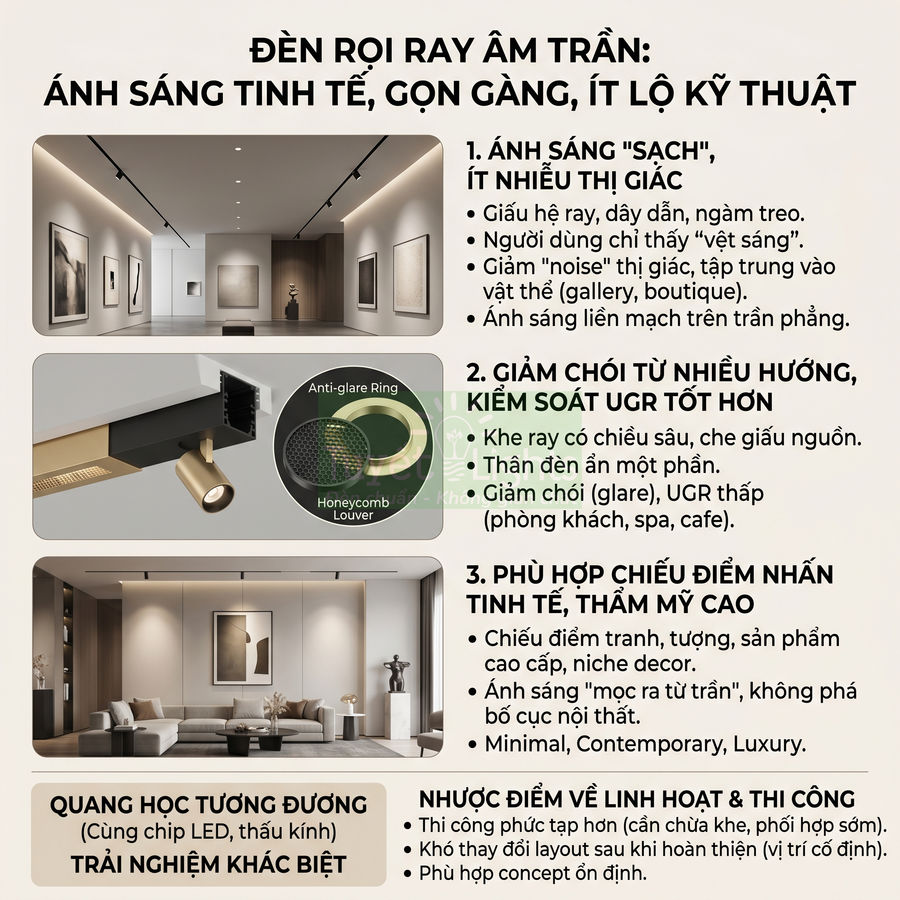 Đèn rọi ray âm trần LED chiếu điểm cho phòng khách và phòng trưng bày, ánh sáng tinh tế giảm chói, thẩm mỹ hiện đại
