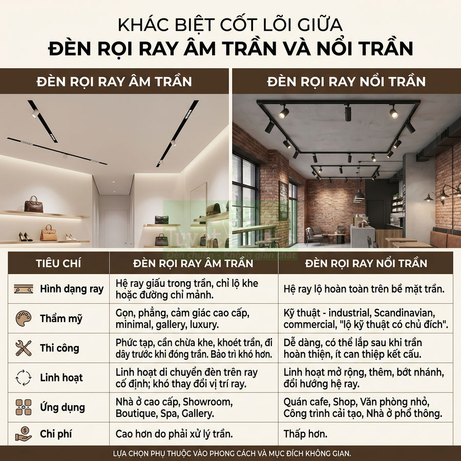 So sánh đèn rọi ray âm trần và đèn rọi ray nổi trần trong thiết kế nội thất cửa hàng, quán cafe