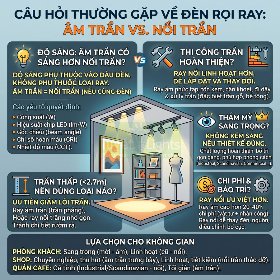 Infographic so sánh đèn rọi ray âm trần và nổi trần, minh họa ứng dụng chiếu sáng cho phòng khách, shop và quán cafe