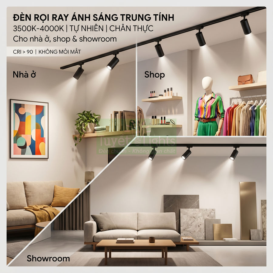 Đèn rọi ray ánh sáng trung tính chiếu sáng phòng khách, shop thời trang và showroom trưng bày hiện đại
