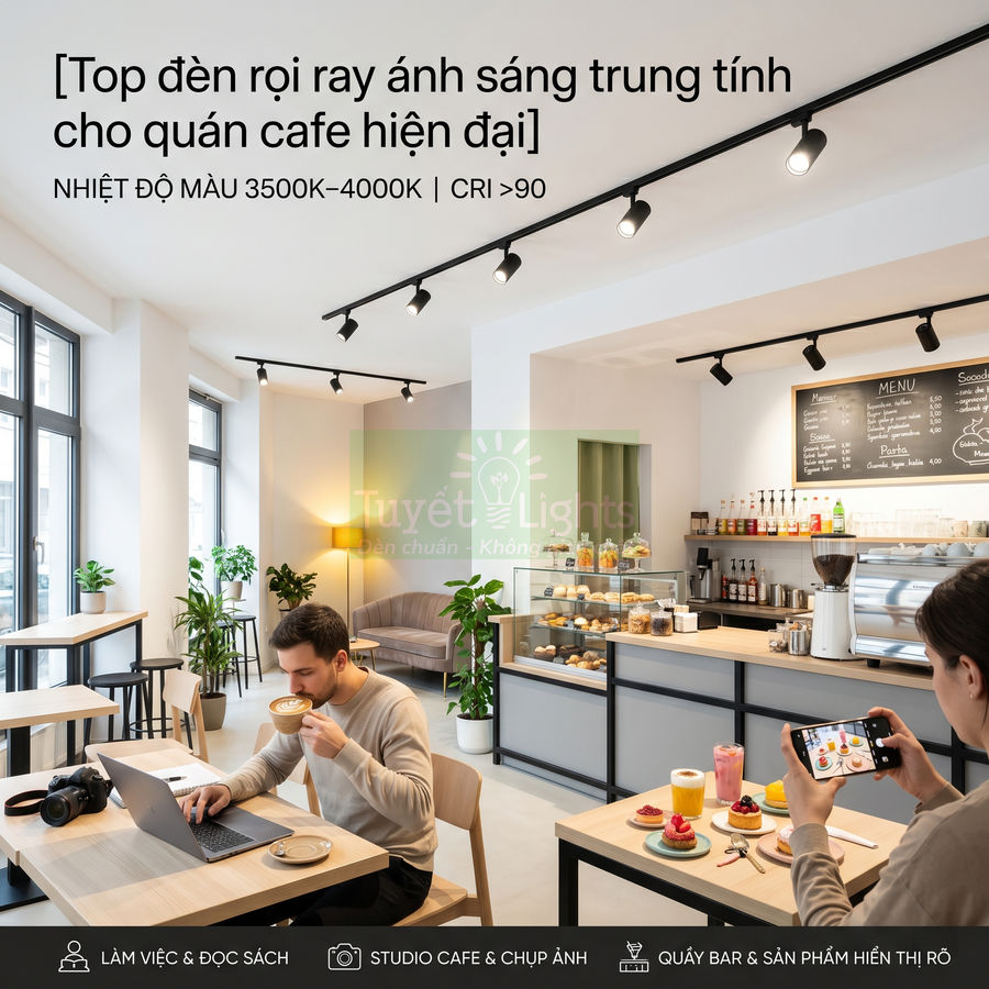 Đèn rọi ray ánh sáng trung tính lắp trần cho quán cafe hiện đại, chiếu sáng rõ khu vực quầy bar và bàn khách