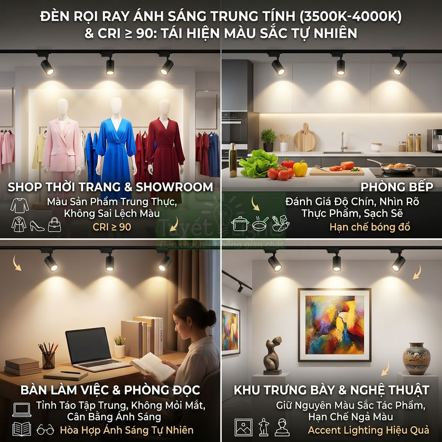Đèn rọi ray ánh sáng trung tính CRI cao chiếu sáng shop thời trang, phòng bếp, bàn làm việc và khu trưng bày nghệ thuật