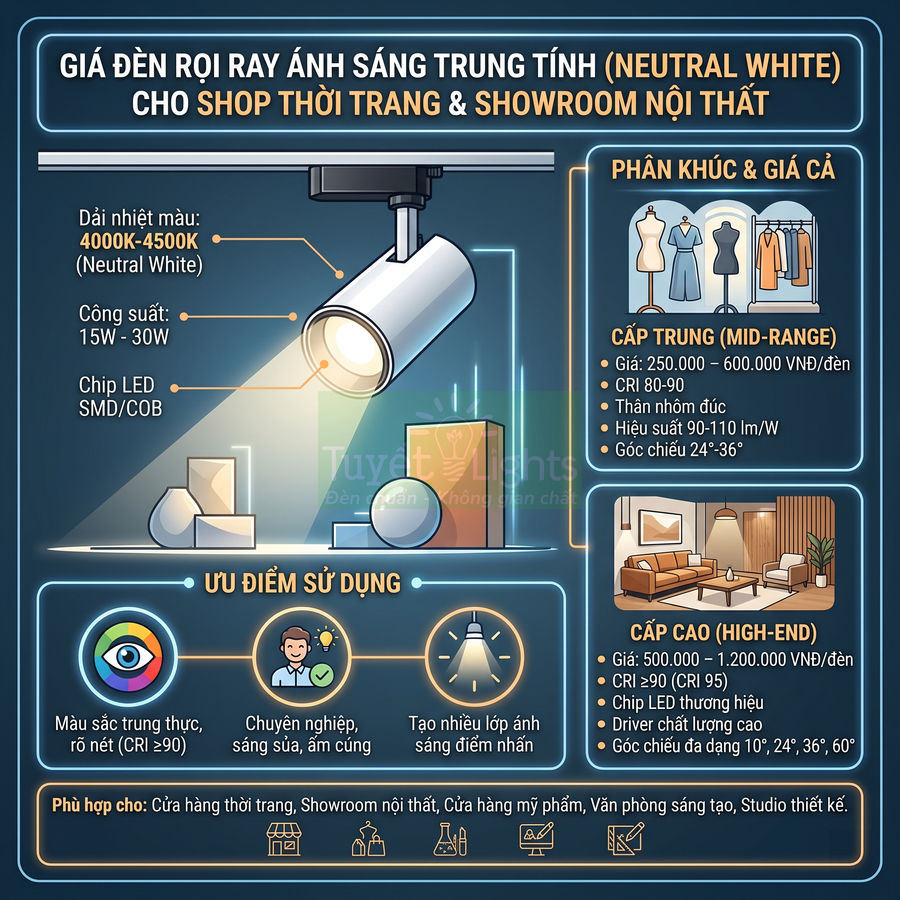 Đèn rọi ray LED ánh sáng trung tính cho shop thời trang và showroom nội thất, trình bày thông số và ưu điểm sử dụng