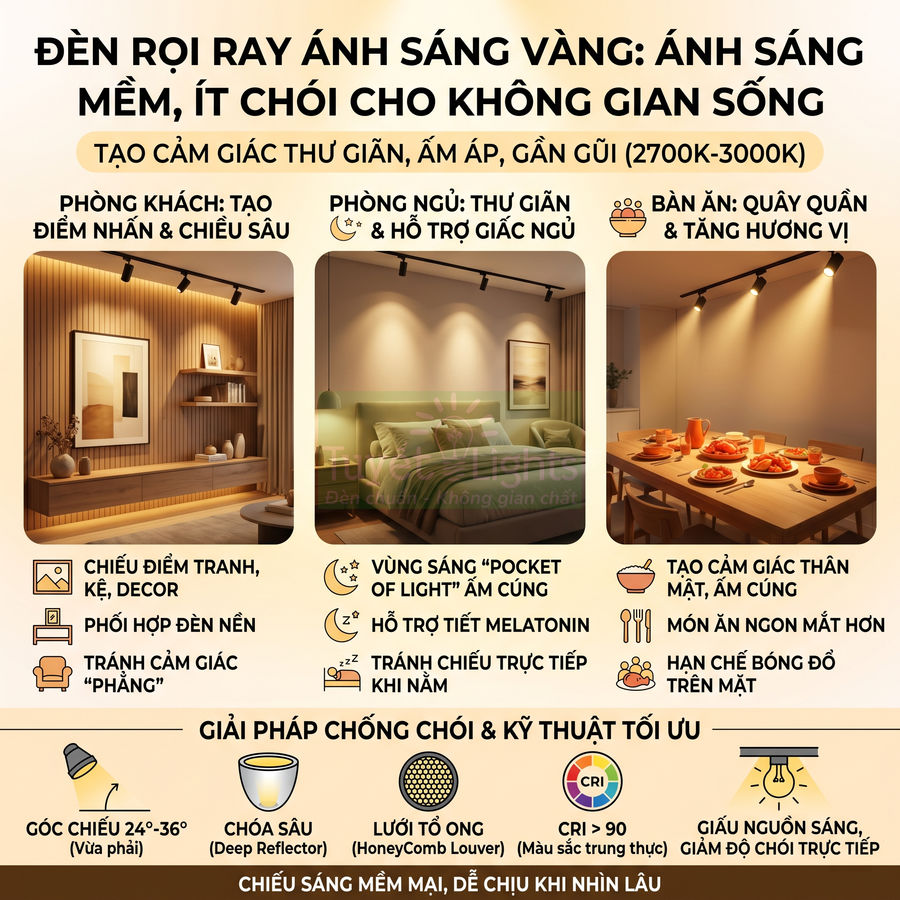 Đèn rọi ray ánh sáng vàng chiếu phòng khách, phòng ngủ và bàn ăn tạo không gian ấm áp, thư giãn