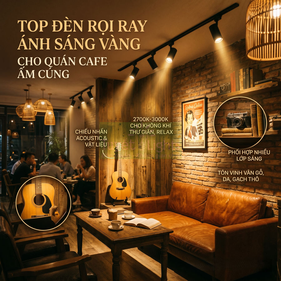 Đèn rọi ray ánh sáng vàng trang trí quán cafe ấm cúng với ghế sofa da và đàn guitar gỗ