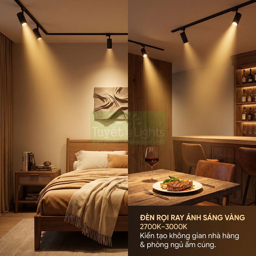 Đèn rọi ray ánh sáng vàng Tuyết Lights chiếu sáng phòng ngủ và bàn ăn tạo không gian ấm cúng