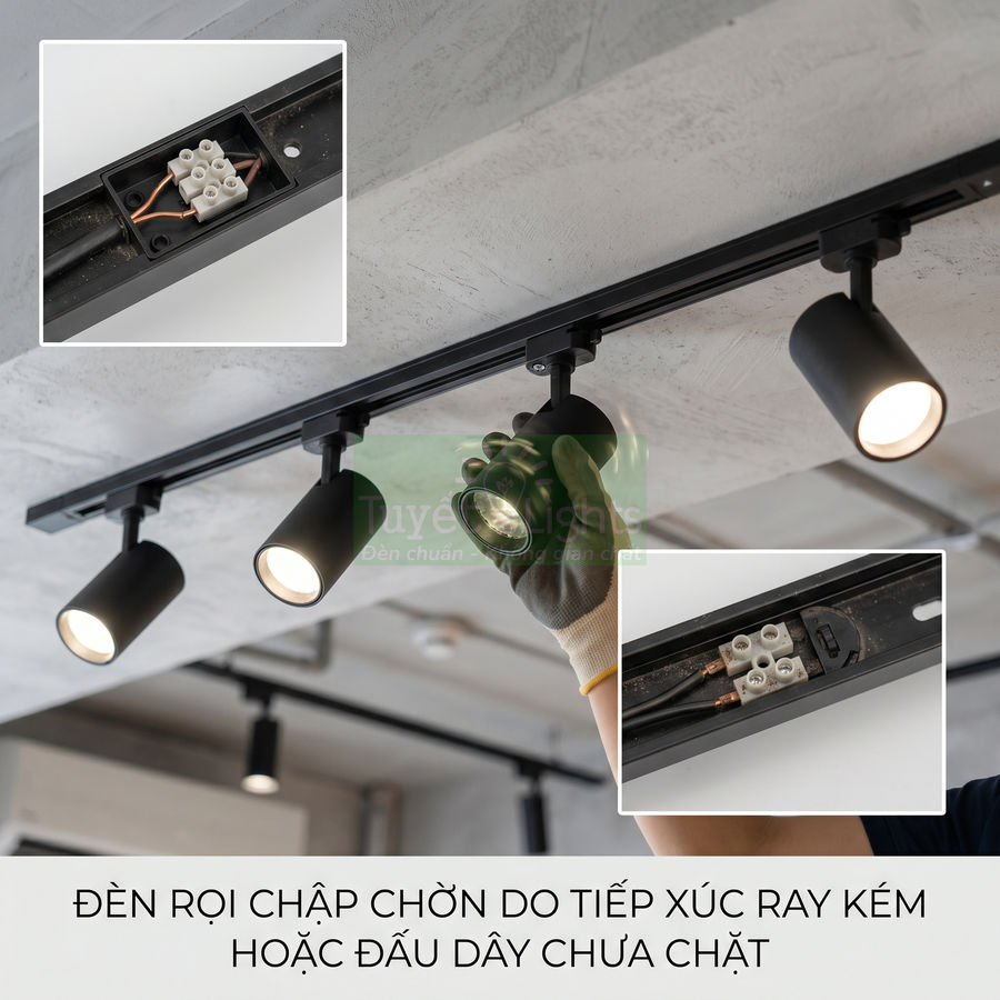 Đèn rọi ray trần nhà bị chập chờn do tiếp xúc ray kém và đầu nối dây điện lỏng
