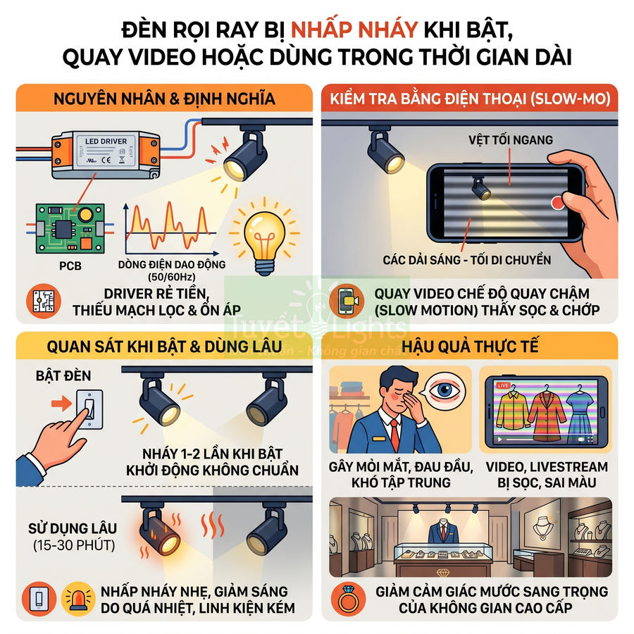 Infographic nguyên nhân đèn rọi ray LED nhấp nháy, cách kiểm tra bằng điện thoại và hậu quả khi sử dụng lâu
