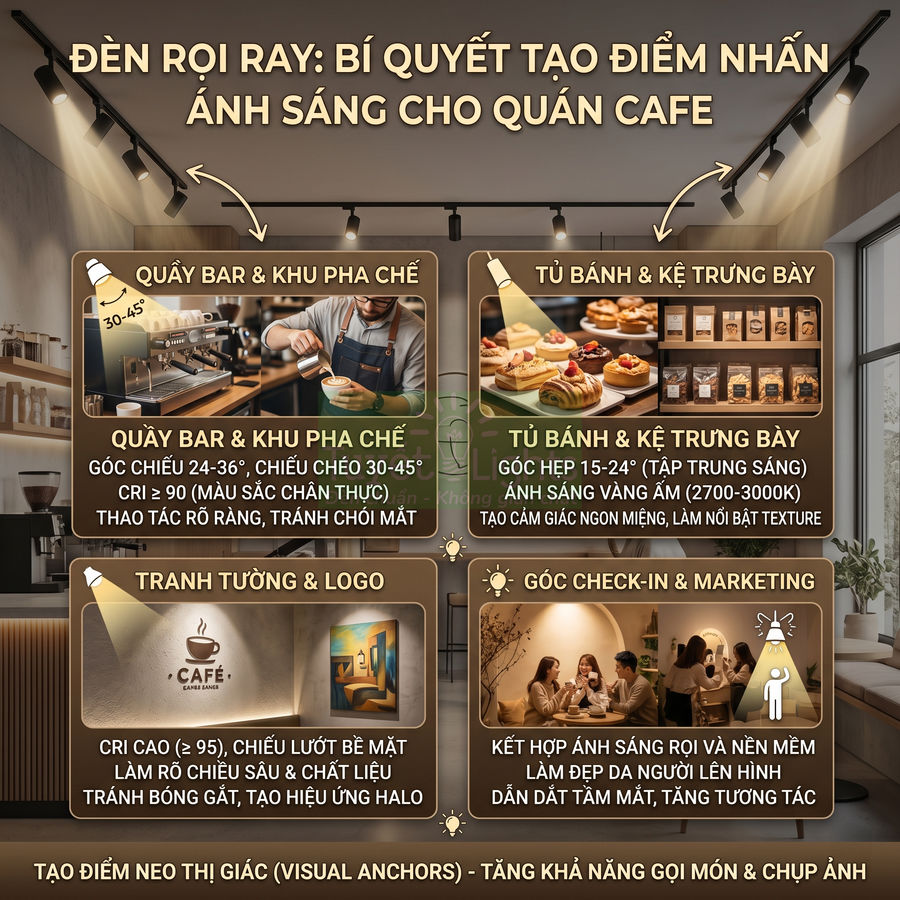 Đèn rọi ray chiếu sáng quầy bar, tủ bánh, tranh tường và góc check in trong quán cafe hiện đại